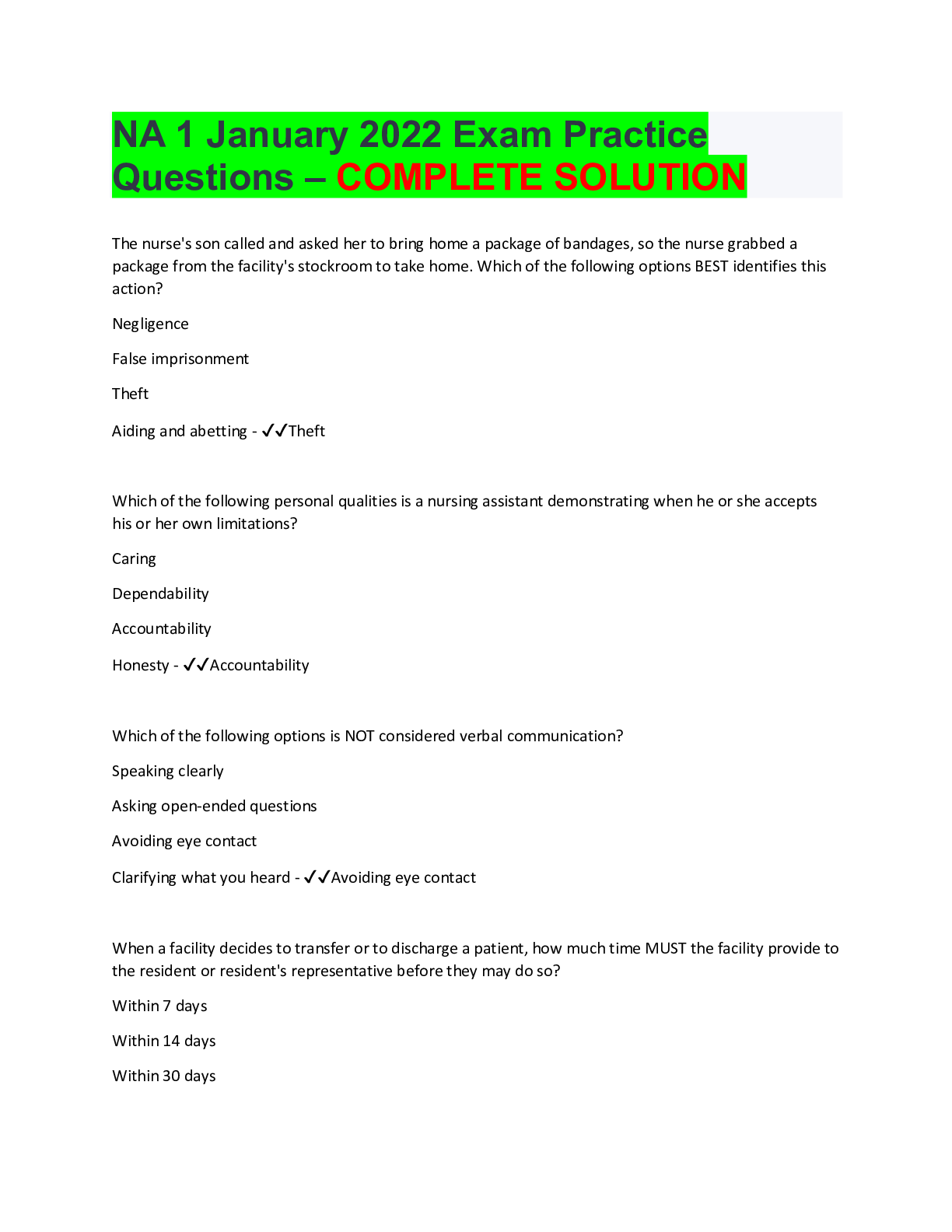 Preview image of NA 1 January 2022 Exam Practice Questions – COMPLETE SOLUTION document